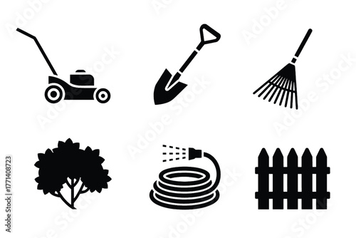 Gardening tools and elements icons in a grid on white lawn mower