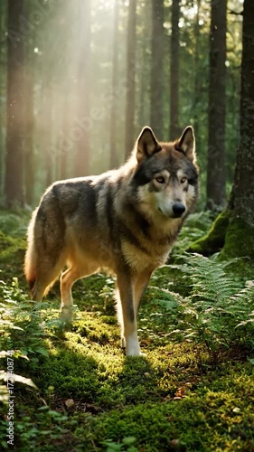 A lone wolf stands alert in a sunlit forest clearing, surrounded by ferns and moss