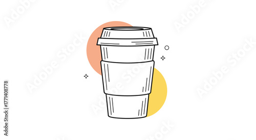 Hand-drawn line art illustration of a disposable coffee cup with a sleeve and lid, set against a minimalist background with colorful circles.