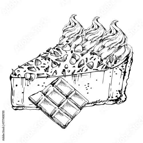 Truffle torte slice, chocolate fudge cheesecake with whipped cream topping, meringue swirls, cocoa nib garnish. Vector ink hand drawn artwork. Recipe layouts, package visuals, social media designs.