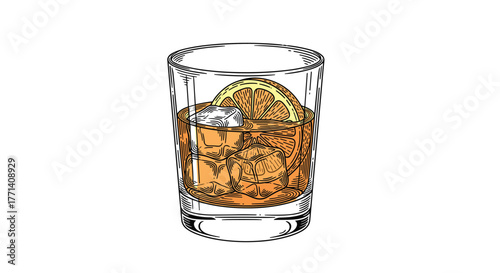 Vintage style engraving of an amber alcoholic drink with ice cubes and a citrus garnish in a clear rocks glass.