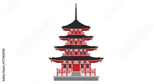 Iconic East Asian Pagoda Vector Illustration Traditional Multi-Tiered Temple Architecture in Striking Red and Black Design Element