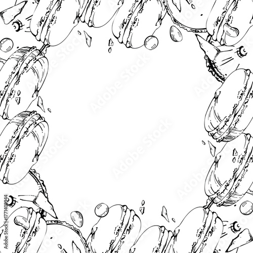 Candy dragee sweets atop macarons, souffle-style sandwich cakes and whoopie pies. Isolated frame illustration hand drawn in vector ink. Sweet shop signage, artisanal treat branding, event decor art.