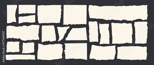 Jagged edge torn paper piece collage grunge cut out shapes vector illustration. Ripped paper abstract frame shape text box template collection.