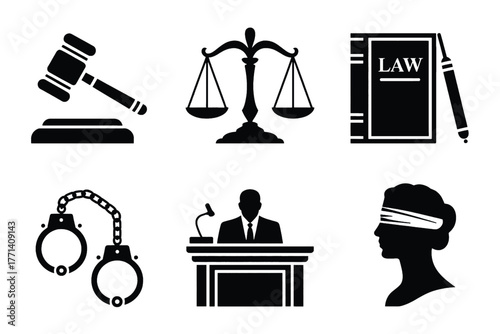 Law And Justice Icons Set With Gavel Scales Book Handcuffs Judge And Lady Justice
