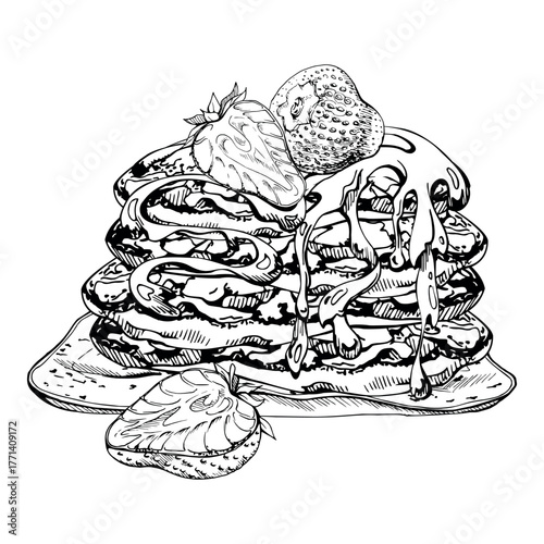 Pancakes stacked with strawberries, syrup or jam drizzle on flapjacks served on clay dish. Hand drawn food illustration in vector ink. Recipe blogs, product labels, menu cards, culinary printables.