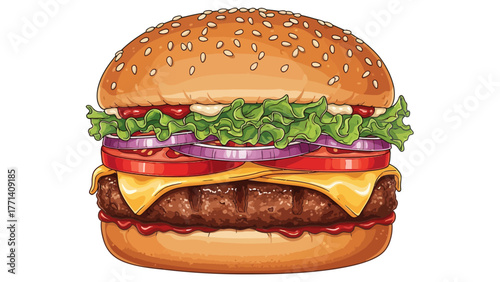 A detailed illustration of a classic cheeseburger with sesame seed bun