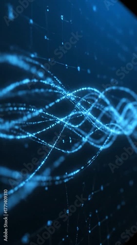 Glowing blue lines and dots weave, intersect, and form complex patterns on a dark blue backdrop