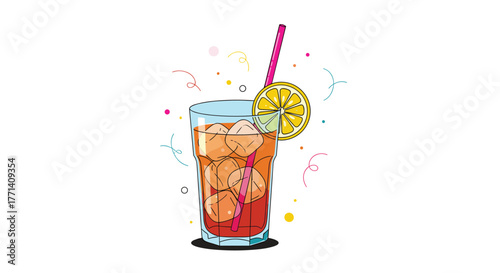 A cheerful illustration of a refreshing iced tea or cocktail in a tall glass with ice, a lemon slice, and a pink straw, surrounded by colorful confetti and decorative swirls.