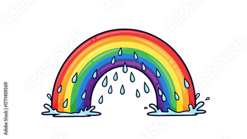 A cartoon rainbow with raindrops and water splashes