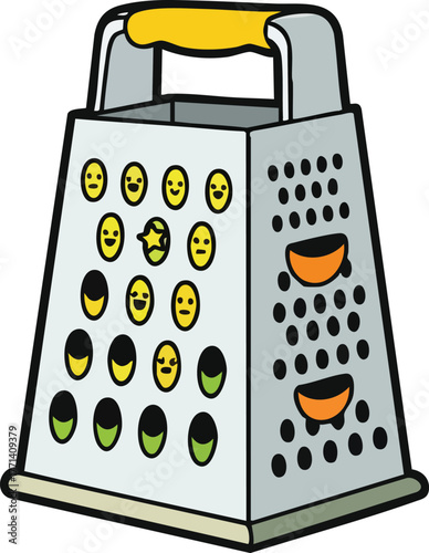 Cartoon Metal Box Grater with Yellow Handle and Smiley Faces on Holes