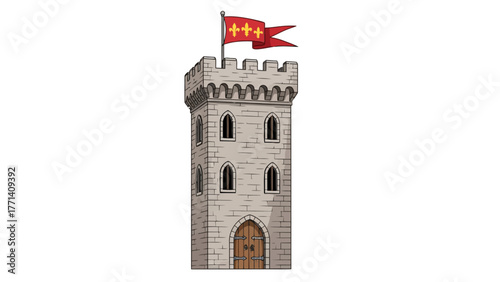 A cartoon stone tower with a red banner flying from the top