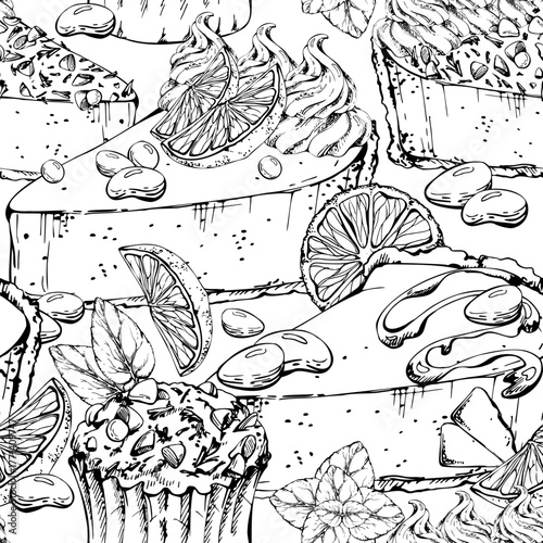 Citrus cheesecake with mousse swirl, crushed nuts, and chocolate-chip orange muffin. Hand drawn in vector ink. Seamless pattern for baking visuals, digital art, product labels, and recipe layouts.