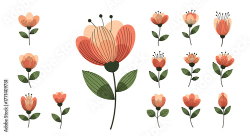 A delightful collection of stylized orange and green flowers, showcasing various bloom shapes and arrangements, perfect for decorative designs.