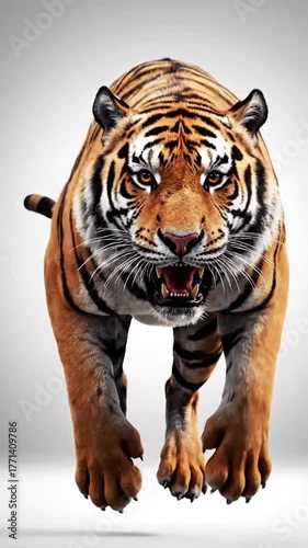 An enraged tiger leaps forward, fur details vivid against a bright backdrop, teeth bared