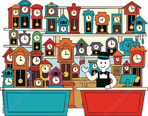 Cheerful shopkeeper stands behind counter surrounded by colorful grandfather and wall clocks in a quaint clock shop interior