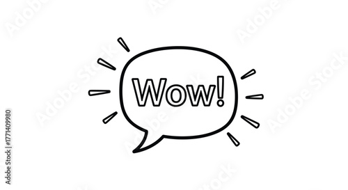 A hand-drawn black and white speech bubble with the word 'Wow!' and radiating lines, expressing surprise or excitement in a simple doodle style.