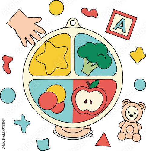Childrens Meal Plate with Food and Toys Playful Illustration Toddler Nutrition Healthy Eating Fun Shapes Bright Colors Educational Elements