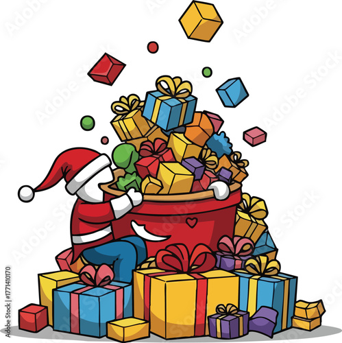 Christmas character in santa hat spills colorful gift boxes from a red sack surrounded by presents on white background