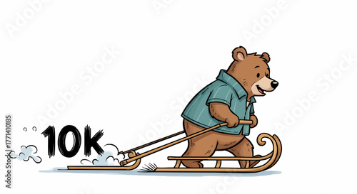 Determined cartoon bear on a sled, celebrating a 10K winter achievement with speed and fun, playful animal character illustration