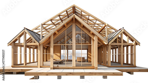 3d illustration of wooden frame of a modern house under construction, isolated on transparent background