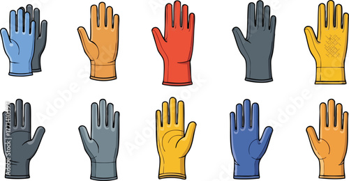 Collection of Ten Colorful Cartoon Style Gloves Isolated on White Background
