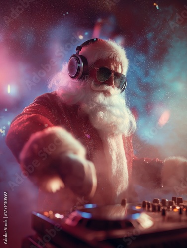 A Festive DJ Experience Featuring a Santa Claus Character Mixing Music at a Vibrant Holiday Party Atmosphere