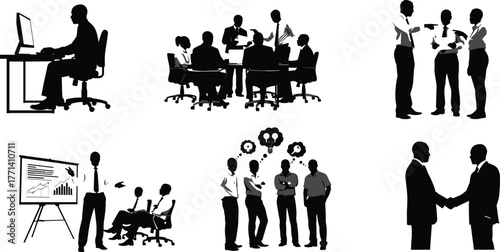 Business silhouettes, teamwork, meeting, presentation, office work, handshake, brainstorming, communication, collaboration, corporate people, success, strategy, leadership, remote work, 