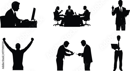 Business silhouettes, teamwork, meeting, presentation, office work, handshake, celebration, collaboration, corporate people, success, strategy, leadership, remote work, professional environment, 