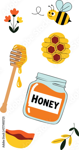 Cute Cartoon Bee Honey Jar And Flowers Vector Illustration On White Background