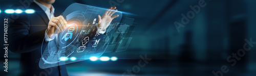 ROBOTICS. Intelligent engineering. Technician using modern interface programming automated machines. Precision control, AI integration, production efficiency, and advanced industrial design.