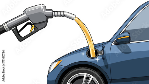 A gas pump nozzle pours fuel into a blue cars fuel tank