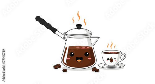 Adorable cartoon coffee pot and cup characters smile happily with steaming coffee and scattered coffee beans on a white background.