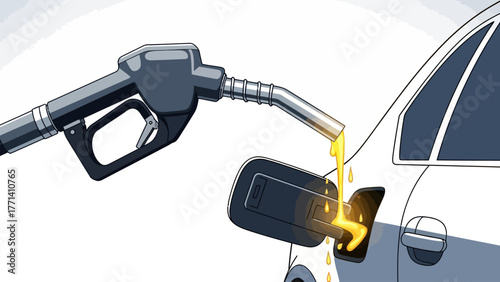 A gas pump nozzle pours yellow liquid into a cars fuel tank