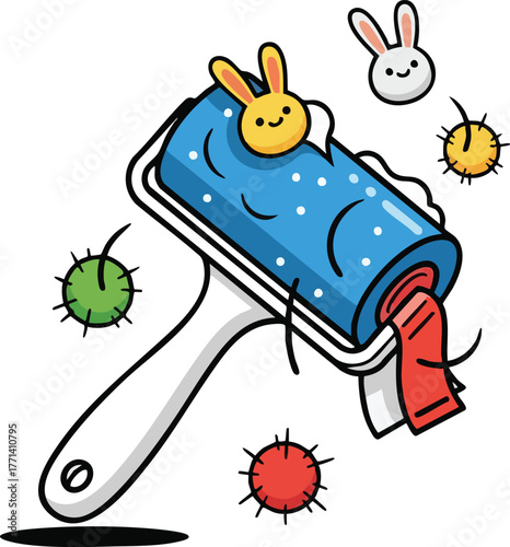 Cute Cartoon Lint Roller with Bunny Character Cleaning Lint Balls And Dust Bunnies On White Background