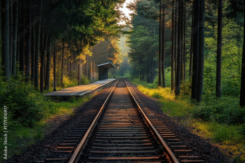 Fototapeta premium Tranquil railway tracks through lush forest at sunrise near a quiet station
