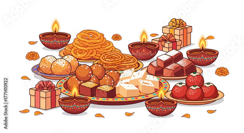 Festive array of traditional Indian sweets and delicacies with lit diyas for celebrations