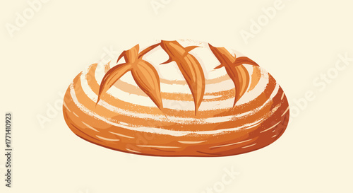 A beautifully scored, rustic round loaf of freshly baked sourdough bread, presented with a dusting of flour on a plain background.