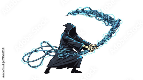 A pixel art grim reaper character in a black robe wields an electrified chain weapon