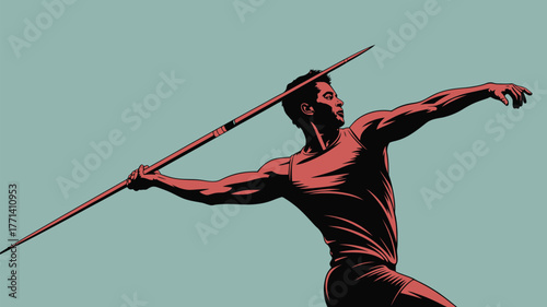 Illustration of a man in a tank top throwing a javelin with a light blue background in a comic style
