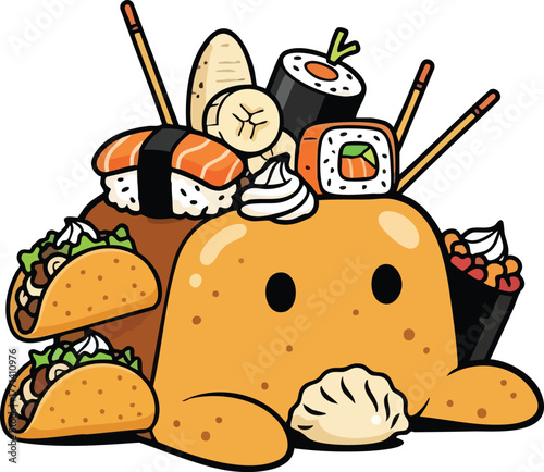 Cute Orange Blob Character Overwhelmed By Delicious Food Including Tacos Sushi Dumplings And Bananas