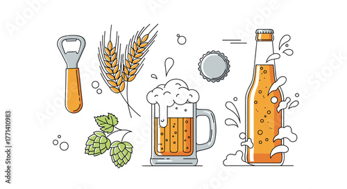 Colorful illustration set of essential beer elements, including brewing ingredients like wheat and hops, alongside a foamy mug, bottle, opener, and cap.