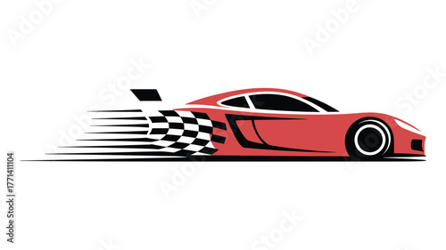 Red sports car with checkered flag design and speed lines indicating motion on a white background