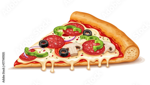 A slice of pizza with salami mushrooms peppers olives and cheese