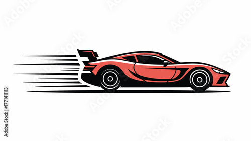 A stylized red sports car with a spoiler and motion lines indicating high speed on a white background
