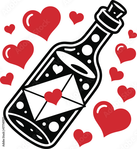 Love Letter in a Bottle with Hearts Floating Around Representing Romance and Affection Beautifully Designed for Valentine's Day Celebrations and Romantic Occasions