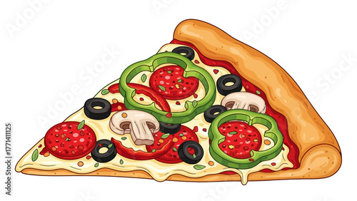 A single slice of pizza with pepperoni peppers mushrooms and olives