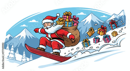 Santa Claus snowboarding down a snowy mountain carrying a sack of Christmas gifts.
