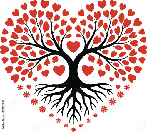 An Artistic Representation of a Heart Shaped Tree of Life Symbolizing Love Family Connection and Growth with Intricate Roots and Blooming Red Flowers