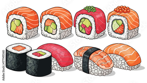 A variety of sushi rolls and nigiri arranged on a white background